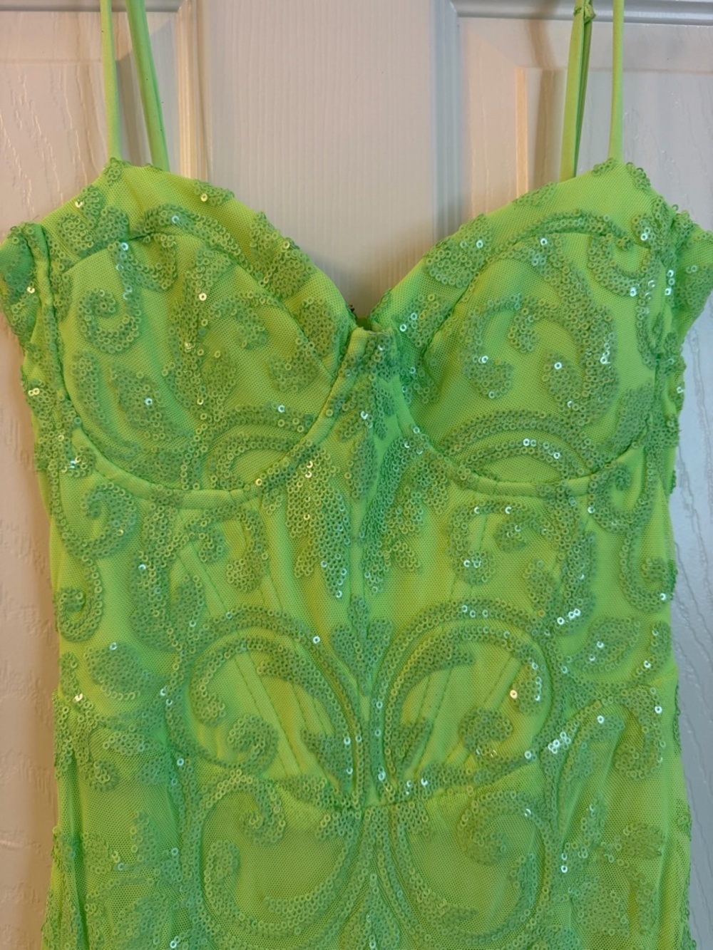 Neon Lime Spaghetti Strap Evening Gown - Picture 4 of 6